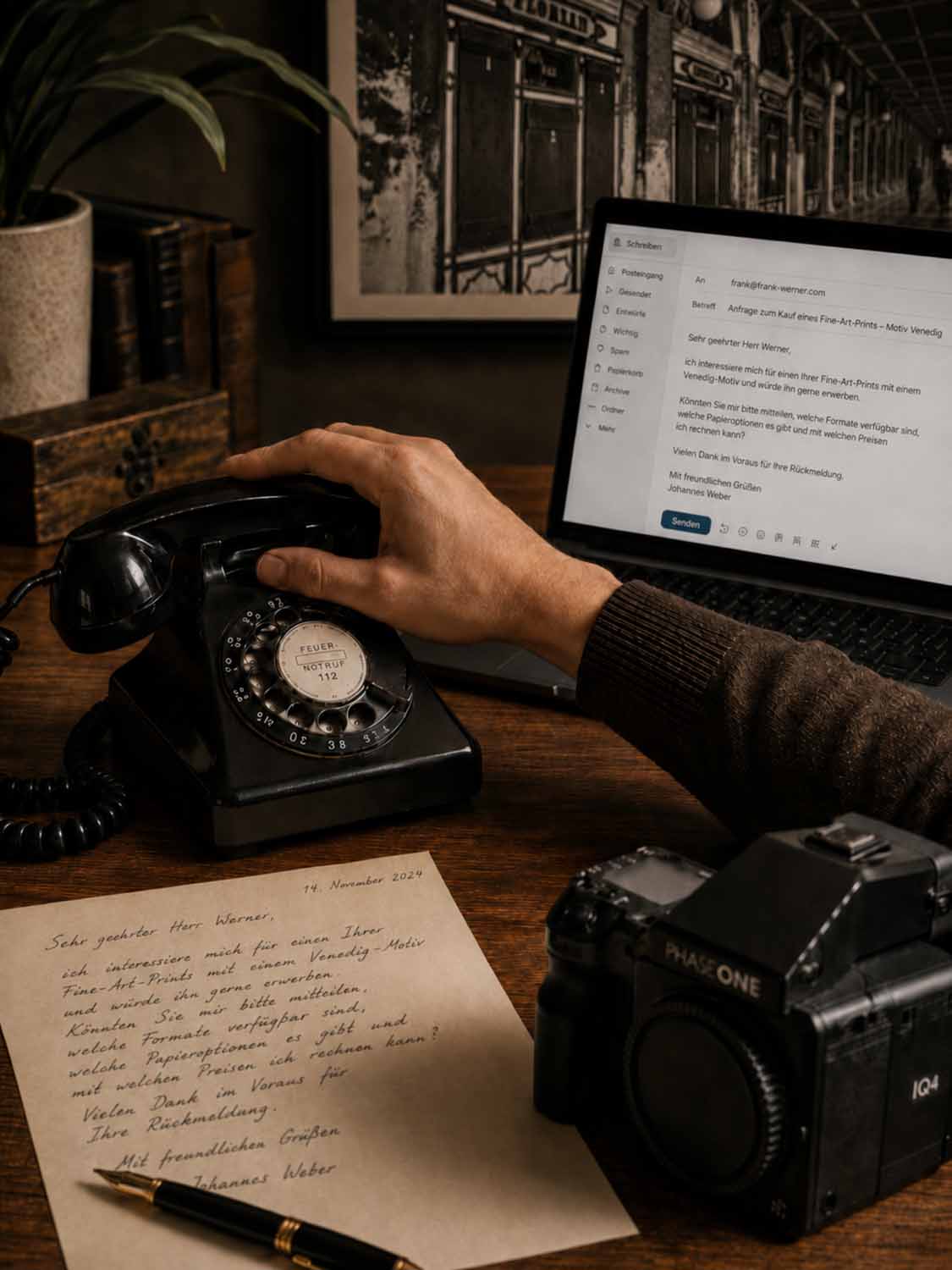 Eine Hand greift nach einem alten Telefon auf einem Holztisch, daneben liegen ein handgeschriebener Brief, ein Fotoapparat, Bücher und ein aufgeklappter Laptop, auf dem eine E-Mail in deutscher Sprache steht.