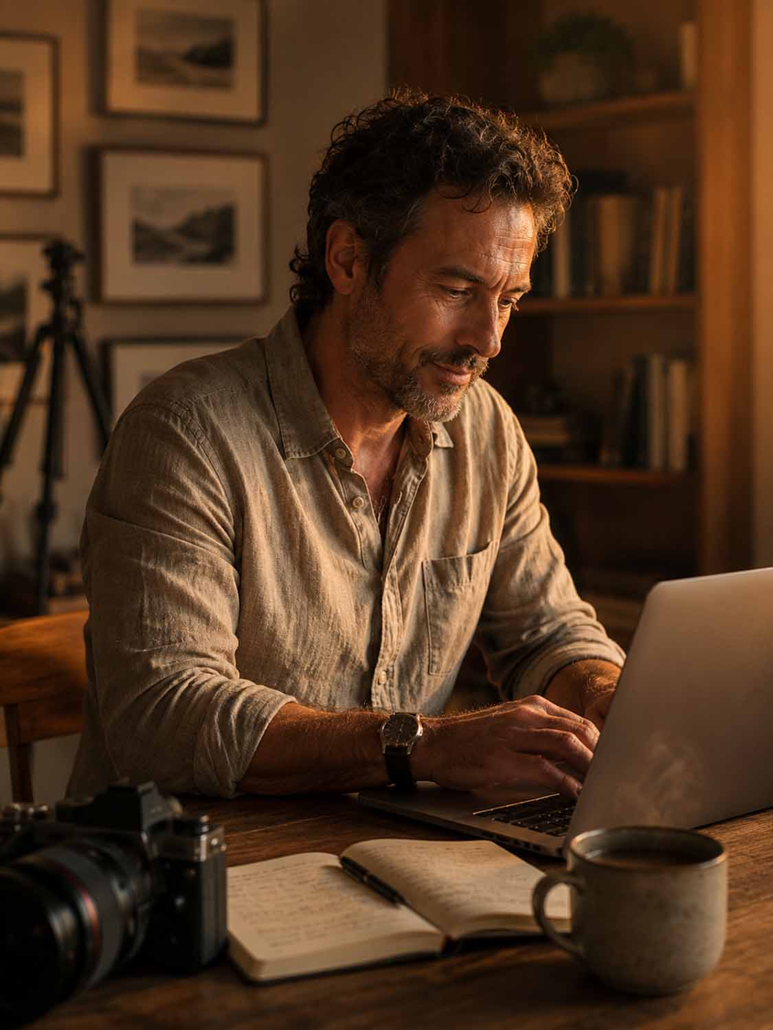 Ein Mann mit lockigem Haar und Bart arbeitet an einem Laptop an einem hölzernen Schreibtisch und erstellt Textvorlagen und E-Mail-Vorlagen, umgeben von einem Notebook, einer Kamera und einer Kaffeetasse in einem warm beleuchteten Raum mit gerahmten Fotos und Bücherregalen im Hintergrund.