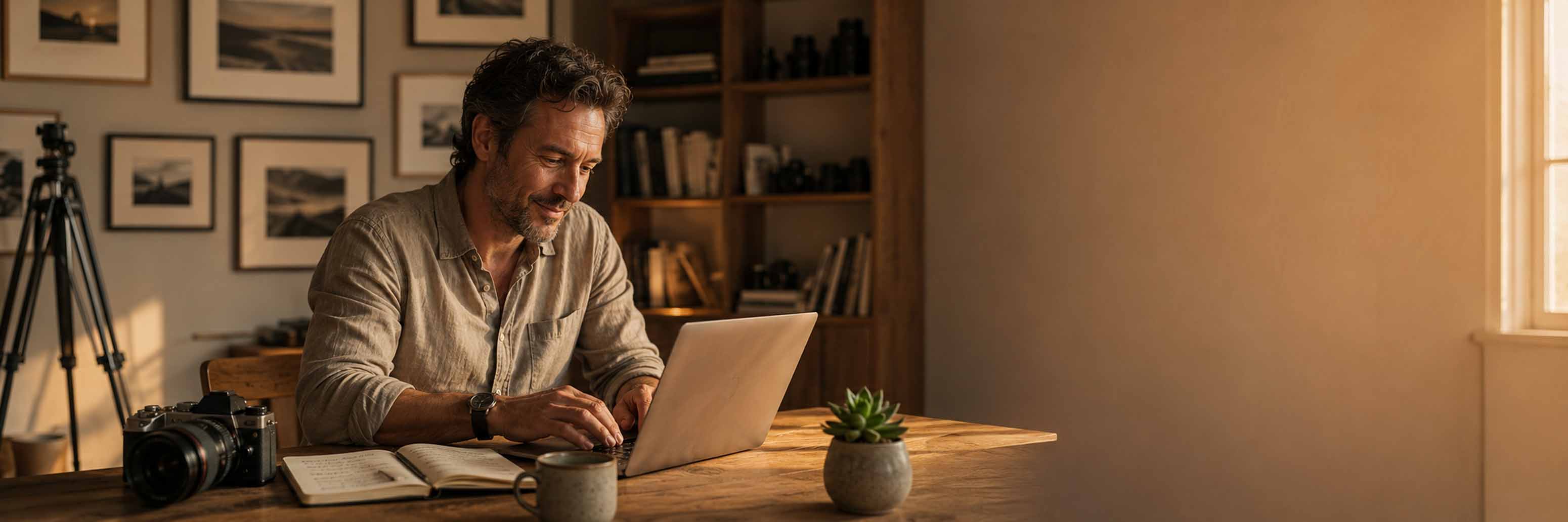 Ein Mann sitzt an einem hölzernen Schreibtisch mit einem Laptop in einem warm beleuchteten Raum und bastelt Texte oder Emailvorlagen. Gerahmte Fotos, eine Kamera, Notizbücher, eine Pflanze und Kaffeetassen umgeben ihn; Regale mit Büchern und Objektiven füllen den Hintergrund.