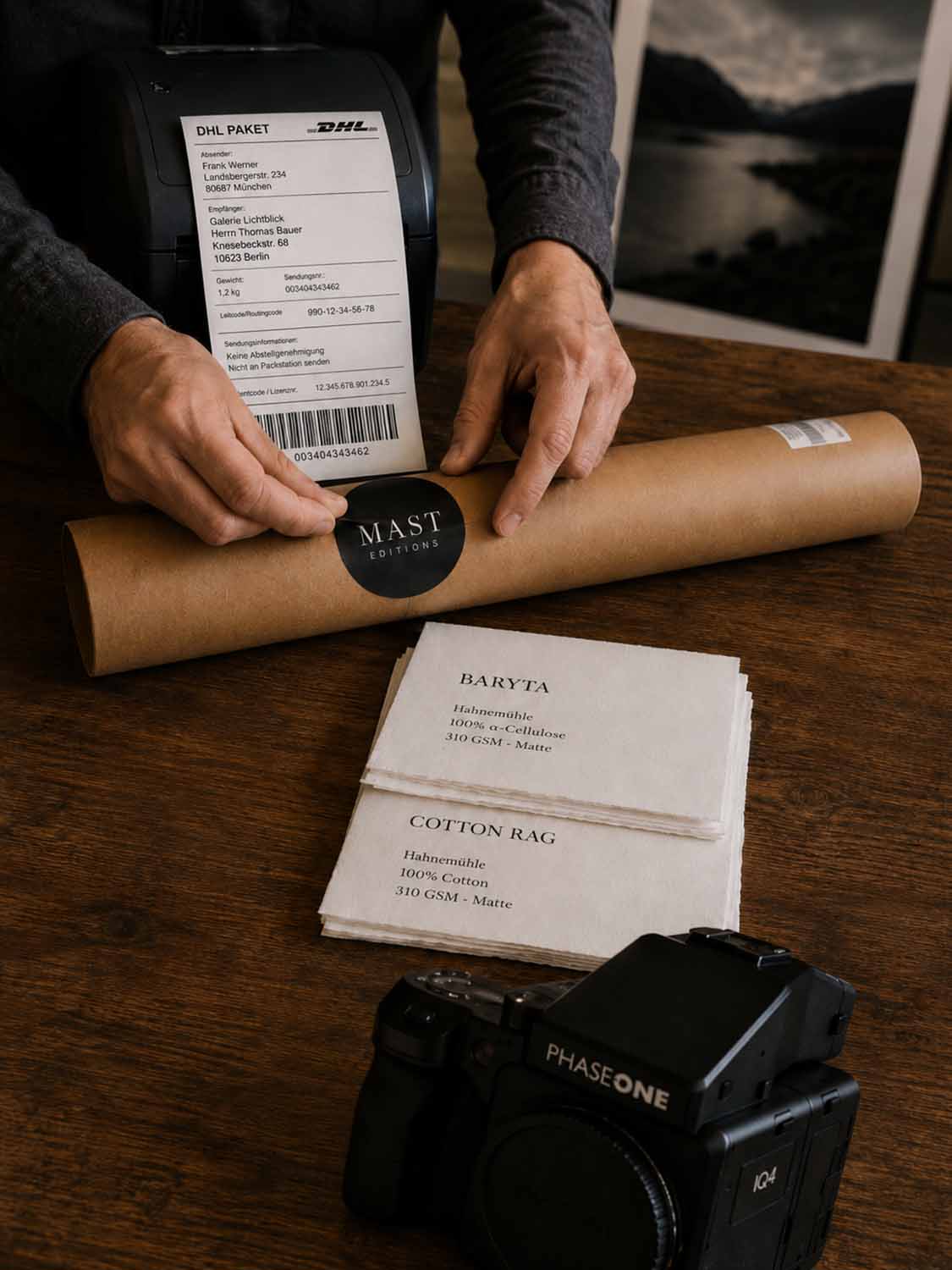 Eine Person klebt ein Versandetikett auf eine braune Versandhülse mit der Aufschrift MAST EDITIONS. In der Nähe befinden sich Musterkarten für die Papiersorten Baryta und Cotton Rag, eine schwarze Phase One-Kamera und Informationen über verfügbare Zahlungsweisen.