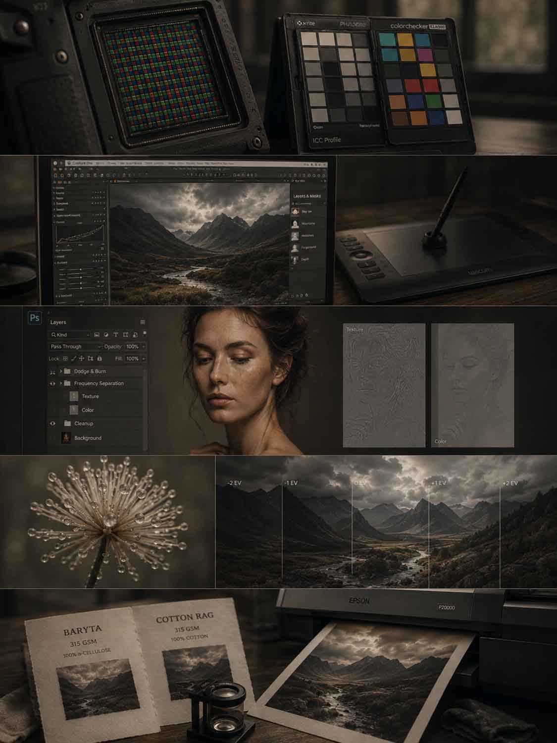 Eine Collage, die den Workshop Archiv zeigt: einen Kamerasensor, Farbkarten, ein digitales Zeichentablett, Quer- und Hochformatbearbeitung am Computer, gedruckte Testbilder, eine blumenförmige Leuchte, Fotobearbeitungswerkzeuge und einen Fotodrucker.