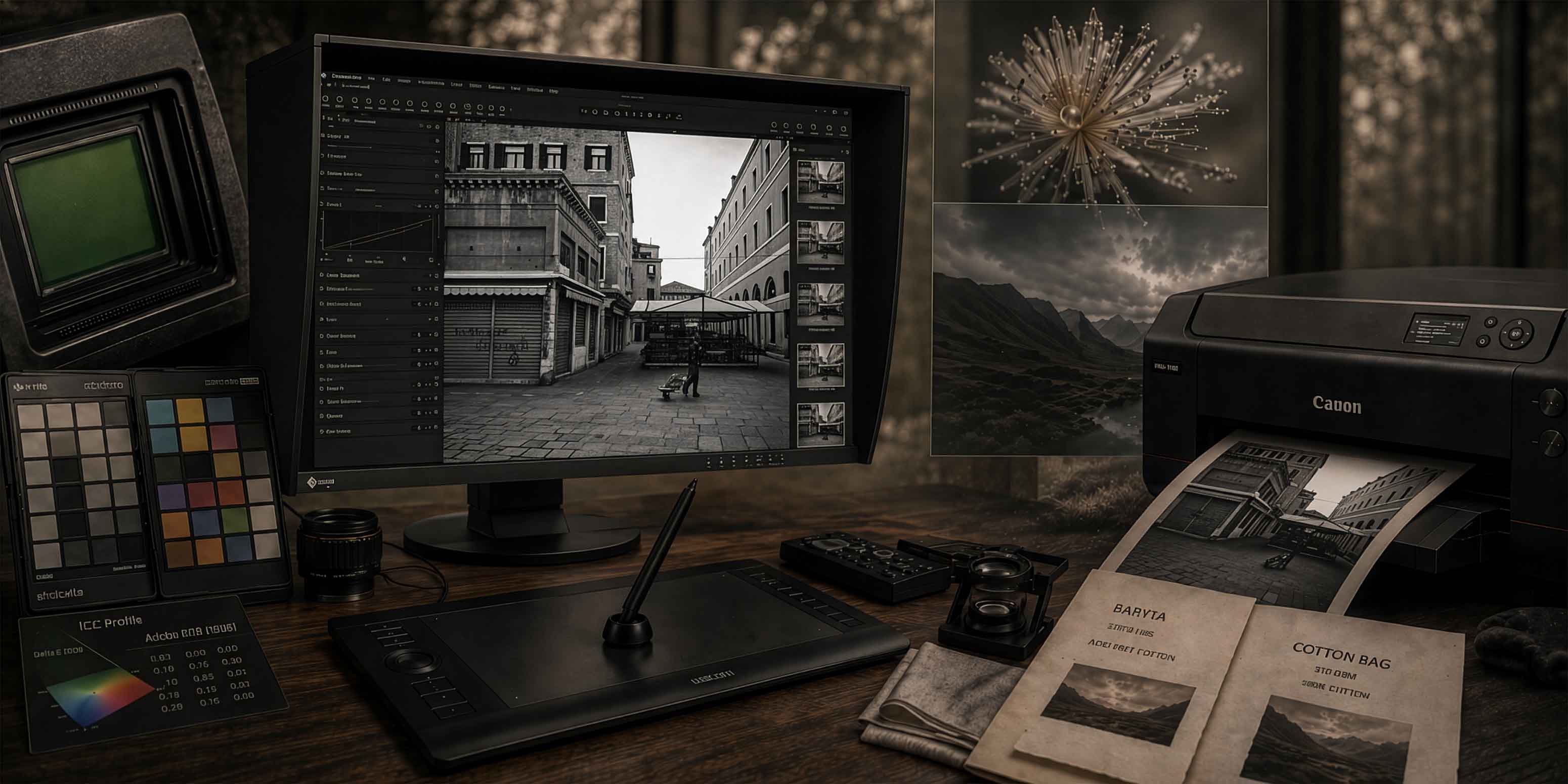 Auf einem Computermonitor wird ein Schwarz-Weiß-Fotobearbeitungsprogramm angezeigt. Um ihn herum befinden sich im Workshop Archiv ein Grafiktablett, ein Kameraobjektiv, eine Farbtafel, Papiere mit Fotos, ein Canon-Drucker und Fotoabzüge von Landschaften und Blumen.