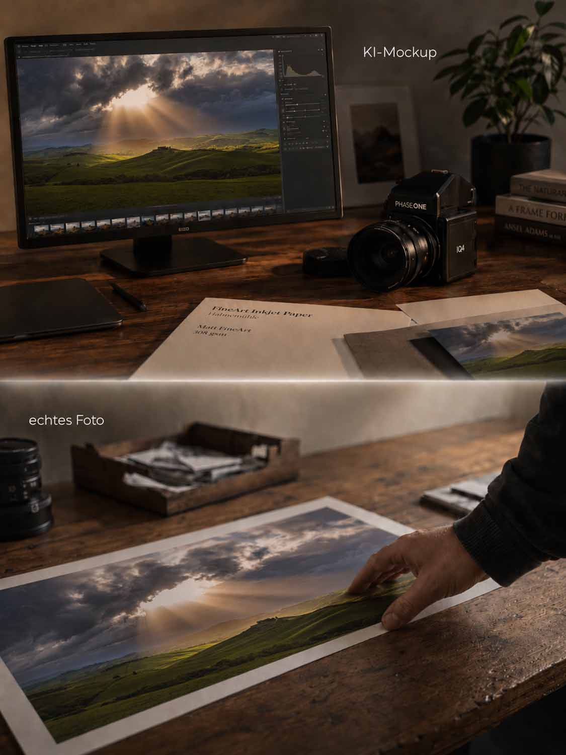 Ein Schreibtisch mit einem Computermonitor, auf dem oben ein Querformatfoto mit der Aufschrift "KI-Mockup" und unten eine gedruckte Version mit der Aufschrift "echtes Foto" zu sehen ist, veranschaulicht die Transparenz KI Fotografie; daneben liegen eine Kamera und Papiere, die den KI Bilder Workflow verdeutlichen.
