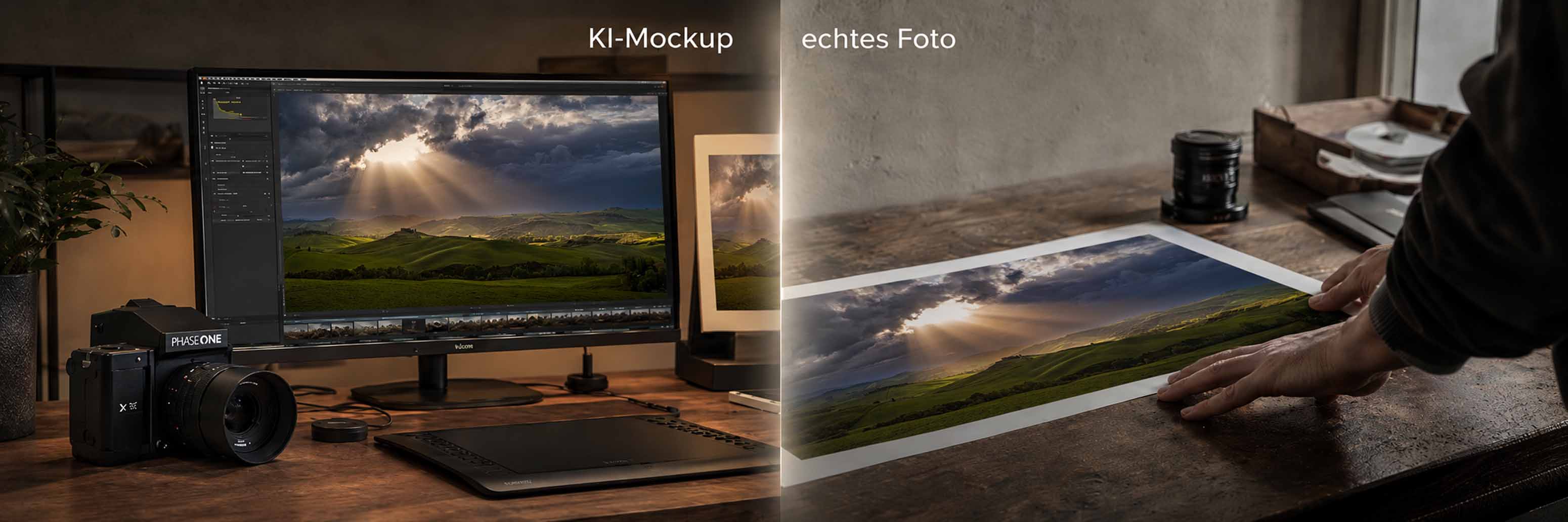 Ein Arbeitsbereich zeigt eine Kamera, einen Monitor, auf dem ein Landschaftsfoto zu sehen ist, und Bearbeitungswerkzeuge auf der linken Seite mit der Aufschrift KI-Mockup. Rechts, mit der Aufschrift echtes Foto, halten die Hände eine gedruckte Version, die die Transparenz KI Fotografie in Aktion zeigt.