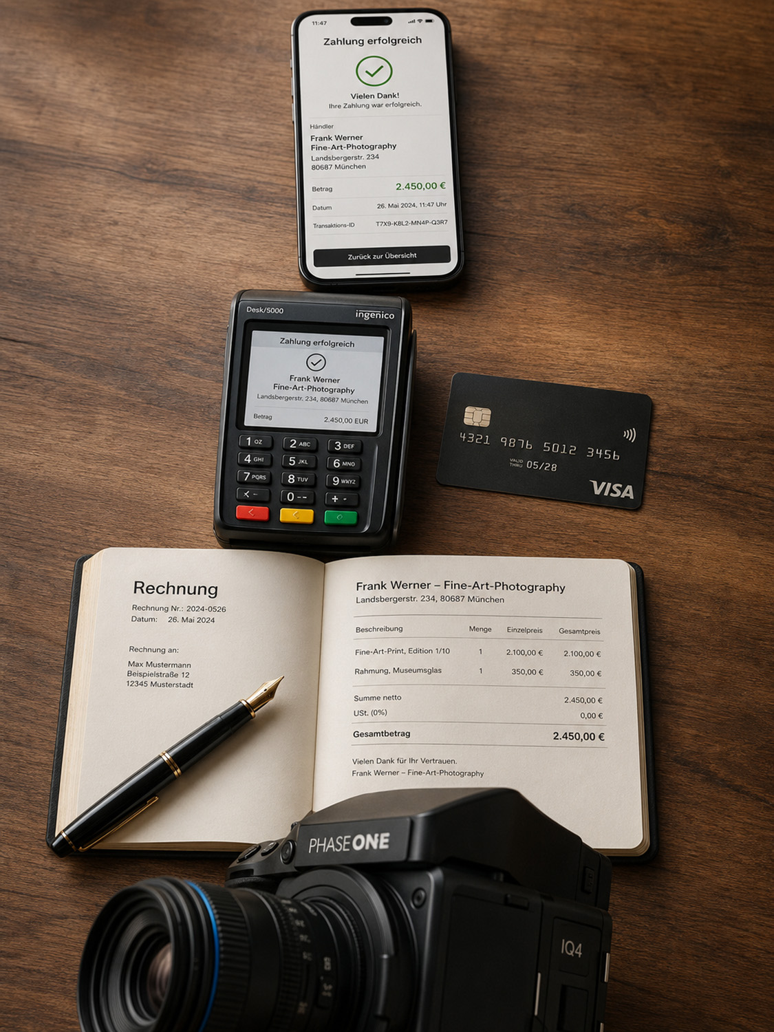 Auf einem Holztisch liegen ein Fotoapparat, ein Stift und ein aufgeschlagenes Notizbuch mit einer Rechnung, daneben eine Kreditkarte, ein Zahlungsterminal und ein Smartphone, das erfolgreiche Zahlungsweisen und eine Zahlungsbestätigung auf Deutsch anzeigt.