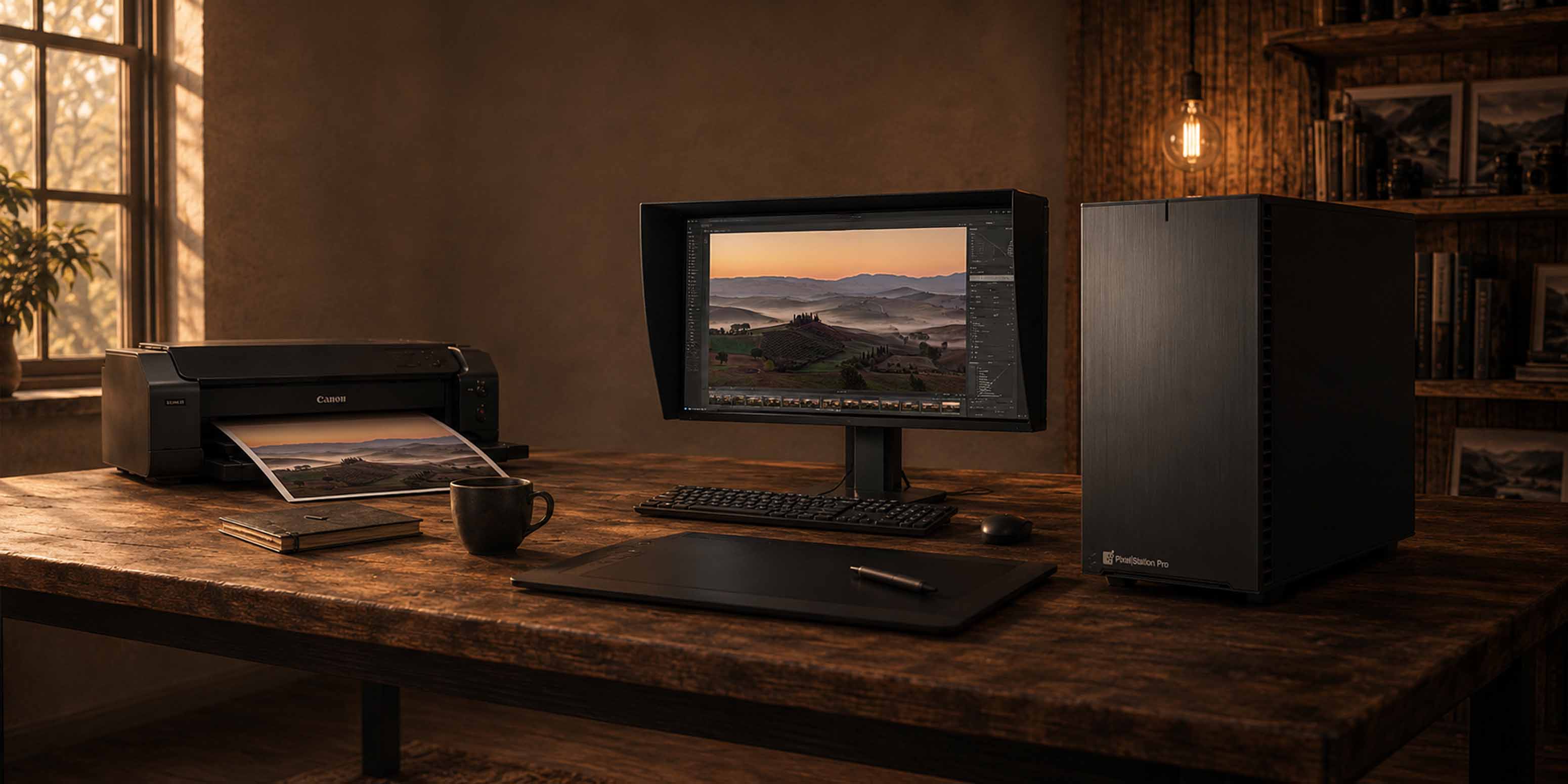 Ein Computertisch mit einem Monitor, auf dem eine Landschaftsfotografie zu sehen ist, einem großen Drucker, der ein ähnliches Bild ausdruckt, einem Grafiktablett, einer Tastatur, einer Maus, einer Tasse und einem Desktop-PC in einem warm beleuchteten, rustikalen Raum – perfekt für kreatives Arbeiten mit KI.