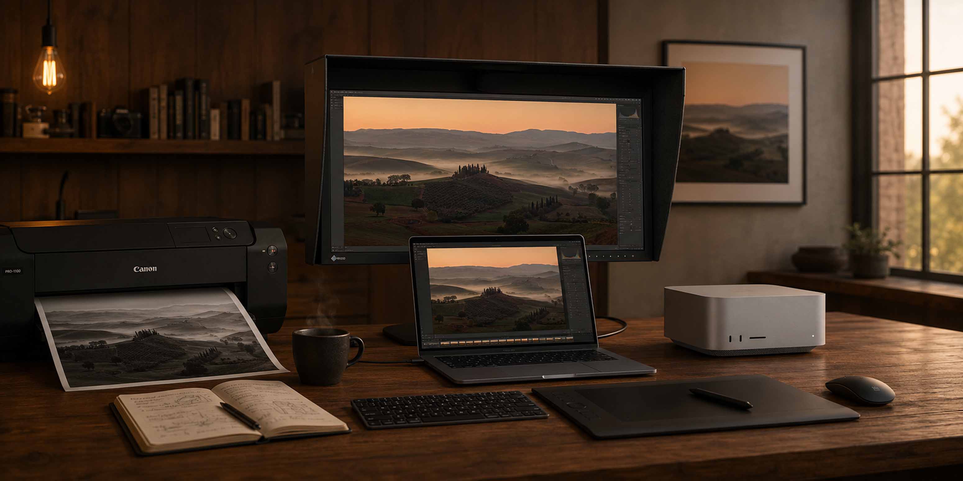 Ein Holzschreibtisch mit einem PixelComputer-Monitor, einem Laptop, einer Tastatur, einem Grafiktablett, einem Canon-Drucker, einer Kaffeetasse, einem aufgeschlagenen Notizbuch und einem ausgedruckten Schwarz-Weiß-Foto. Auf dem Bildschirm ist ein Landschaftsbild zu sehen. Im Hintergrund sind Regale und ein Fenster zu erkennen.