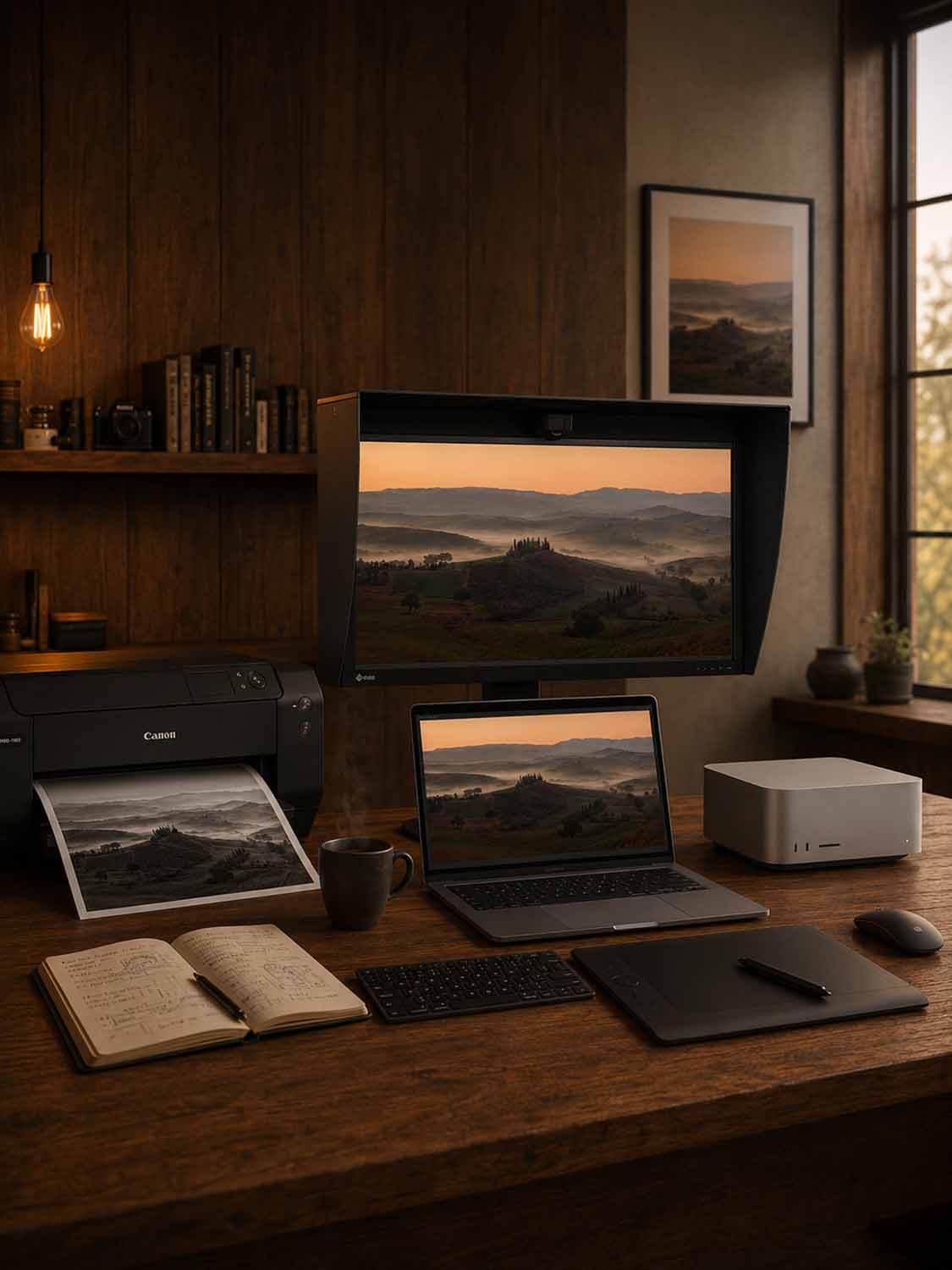 Ein Arbeitsbereich in warmen Farbtönen mit einem Laptop von PixelComputer, einem Monitor, einem Drucker, einer Tastatur, einem Tablet, einer Maus, einer Tasse, einem Notizbuch und einem ausgedruckten Landschaftsfoto auf einem Holztisch mit Regalen und gerahmten Kunstwerken im Hintergrund.