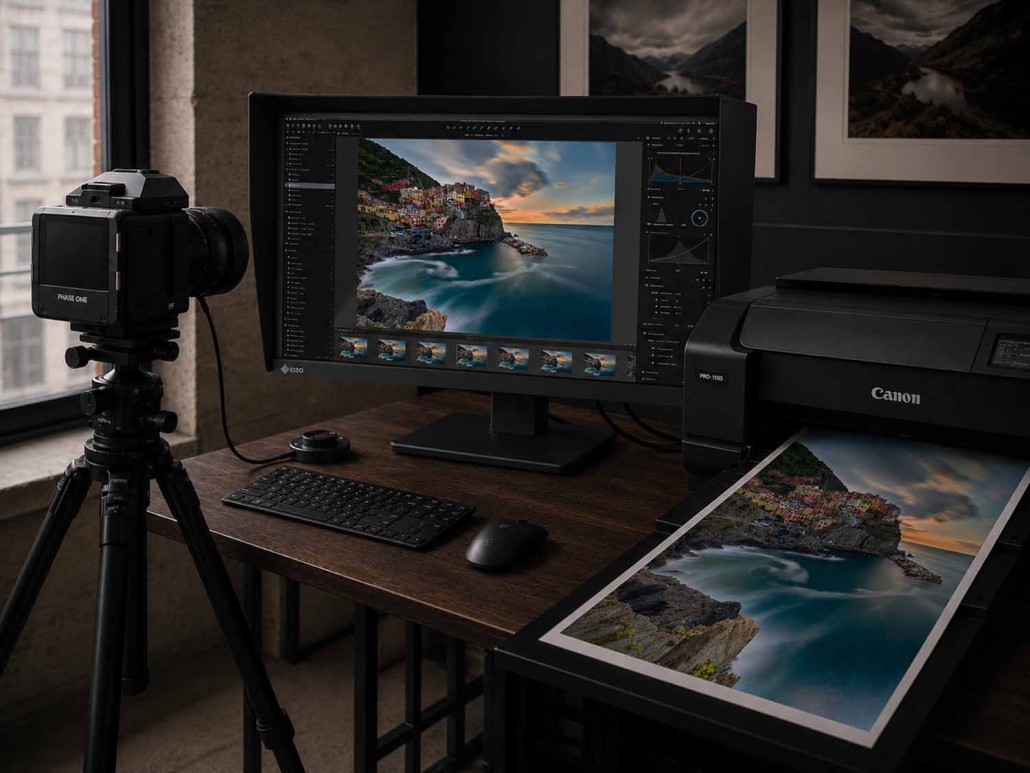 Ein Schreibtisch mit einer Kamera auf einem Stativ, einem Monitor mit Bildbearbeitungssoftware für diejenigen, die Bildbearbeitung lernen wollen, sowie einer Tastatur und einem Drucker, der einen Ausdruck der bearbeiteten Küstenlandschaft erstellt.