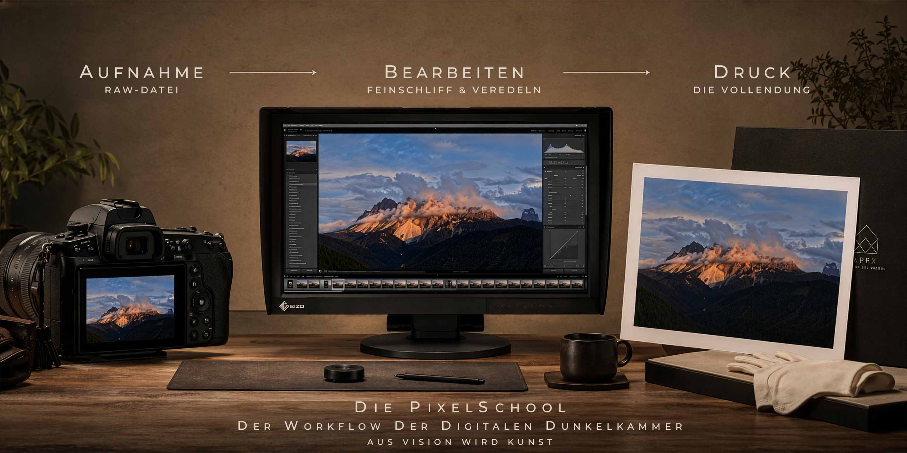 Eine DSLR-Kamera, ein Monitor mit einem Bergfoto und ein Ausdruck des Fotos liegen auf dem Schreibtisch. Deutscher Text erklärt den Workflow: fotografieren, Bildbearbeitung lernen und drucken - dazu sieht man diverses Zubehör.