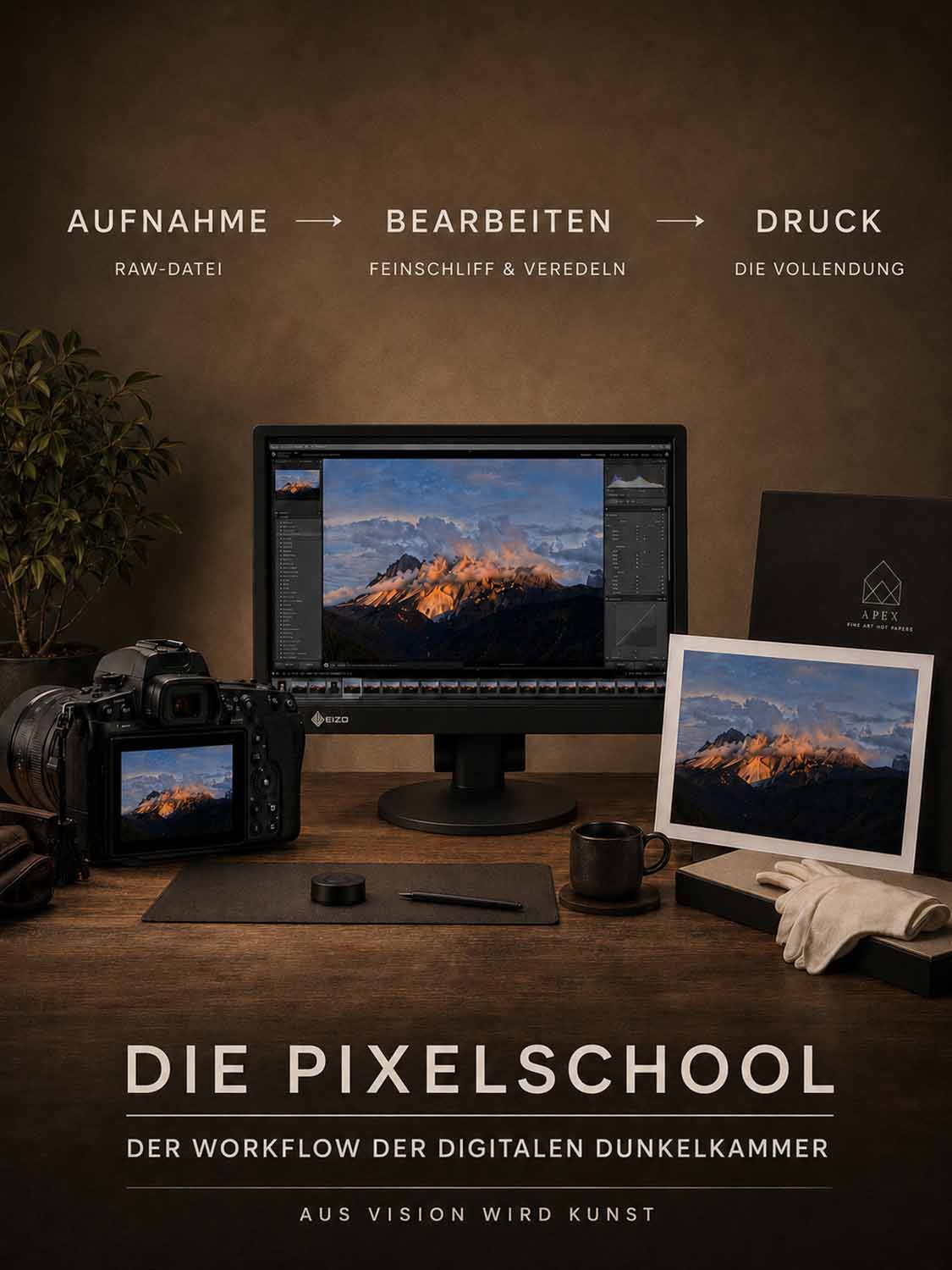 Eine Kamera, ein Computermonitor, auf dem ein Bergfoto zu sehen ist, ein ausgedrucktes Foto und Bearbeitungswerkzeuge sind auf einem Tisch angeordnet. Ein deutscher Text erklärt den Arbeitsablauf der digitalen Fotografie: aufnehmen, Bildbearbeitung lernen, drucken. Der Text lautet "Die Pixelschool".