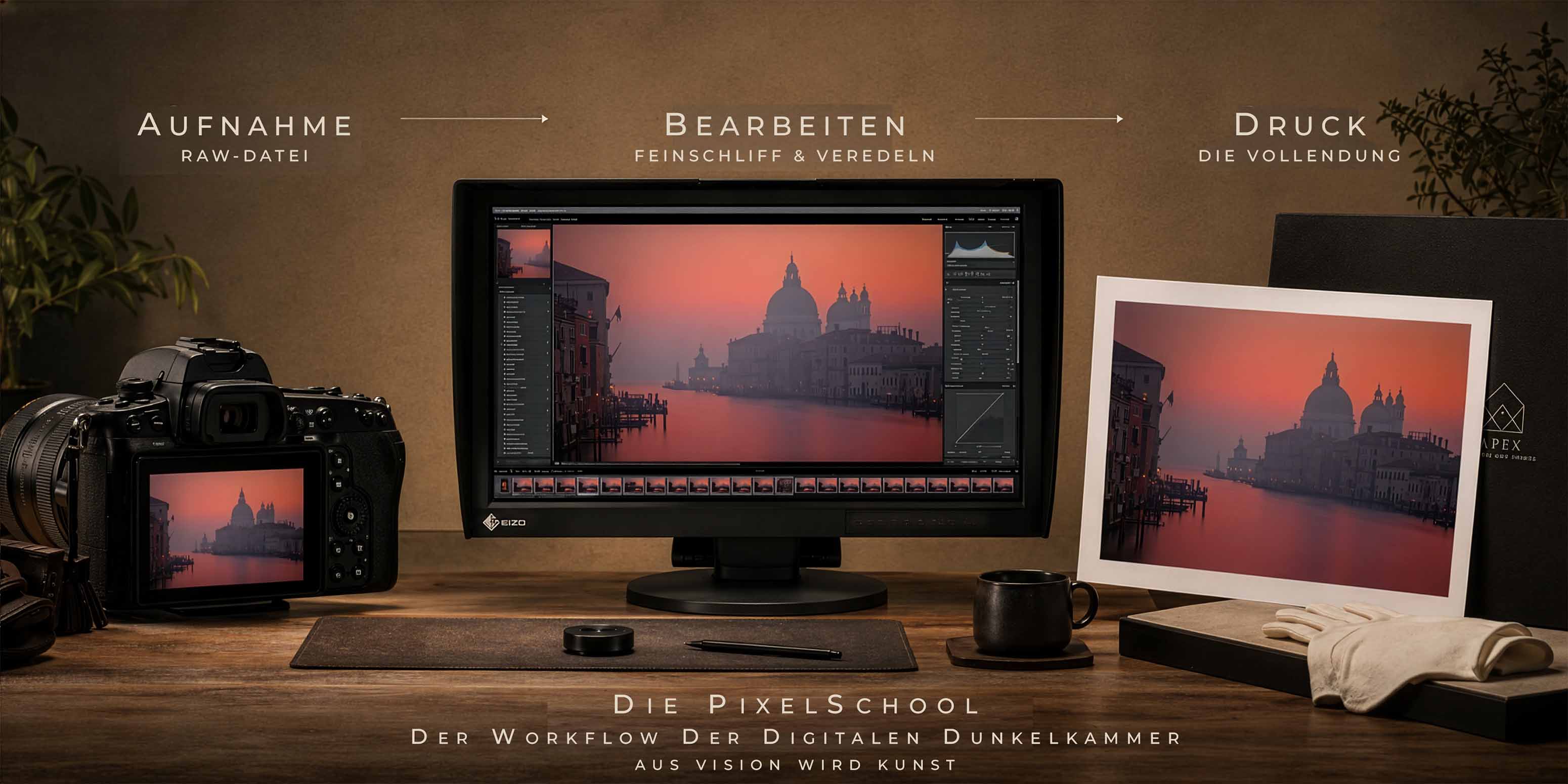 Ein Fotobearbeitungs-Workflow mit einer Kamera, einem Computermonitor, der ein Venedig-Foto anzeigt, und einer gedruckten Version. Die Pfeile zeigen die einzelnen Schritte: Aufnahme, Bearbeitung, Druck. Der Text beschreibt einen effizienten RAW-Workflow in der digitalen Dunkelkammer.