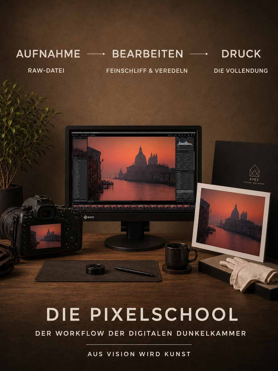 Ein Schreibtisch mit einem Monitor, einer Kamera, einem Tablet, einem Notizblock und einem gerahmten Foto. Der Bildschirm zeigt einen RAW-Workflow in der Fotobearbeitung in Venedig. Der Text erklärt den digitalen Foto-Workflow: aufnehmen, bearbeiten, drucken. Titel: Die Pixelschool.