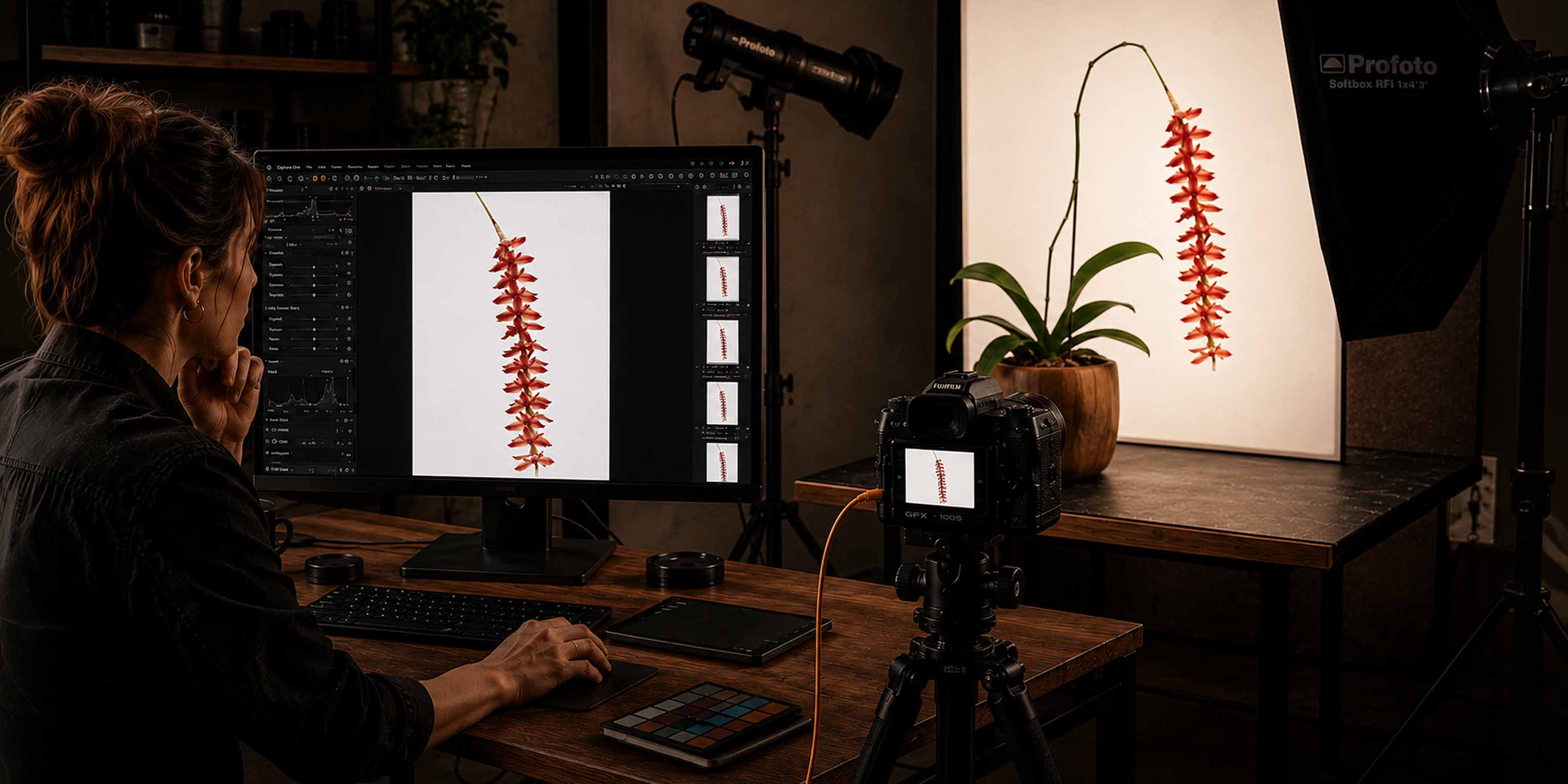 Eine Frau sitzt während eines Capture-One-Workshops an einem Schreibtisch und bearbeitet am Computer das Foto einer hängenden roten Orchidee, während im Hintergrund eine Kamera, Beleuchtung und die Orchidee für ein Studio-Fotoshooting bereitstehen.