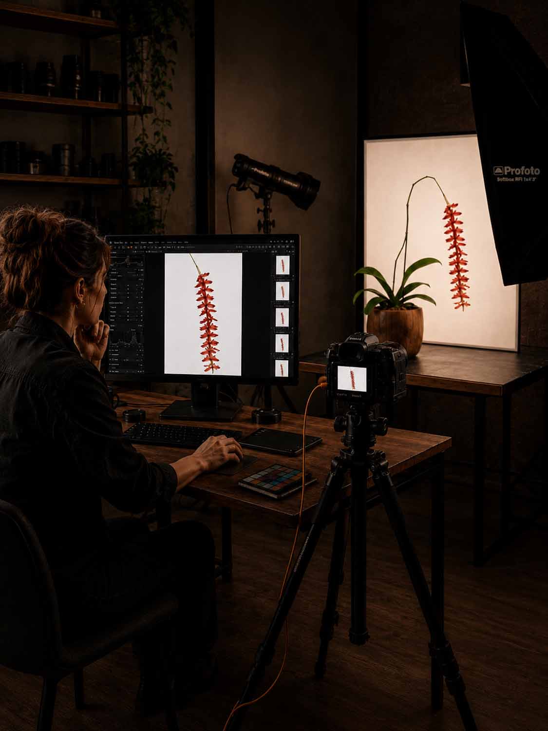 Während eines Capture-One-Workshops sitzt eine Frau an einem Schreibtisch und bearbeitet auf ihrem Computer das Foto einer roten Blume. Eine Topfblume, die von Studiolampen beleuchtet wird, steht vor einem weißen Hintergrund, während eine Kamera auf einem Stativ auf sie gerichtet ist.