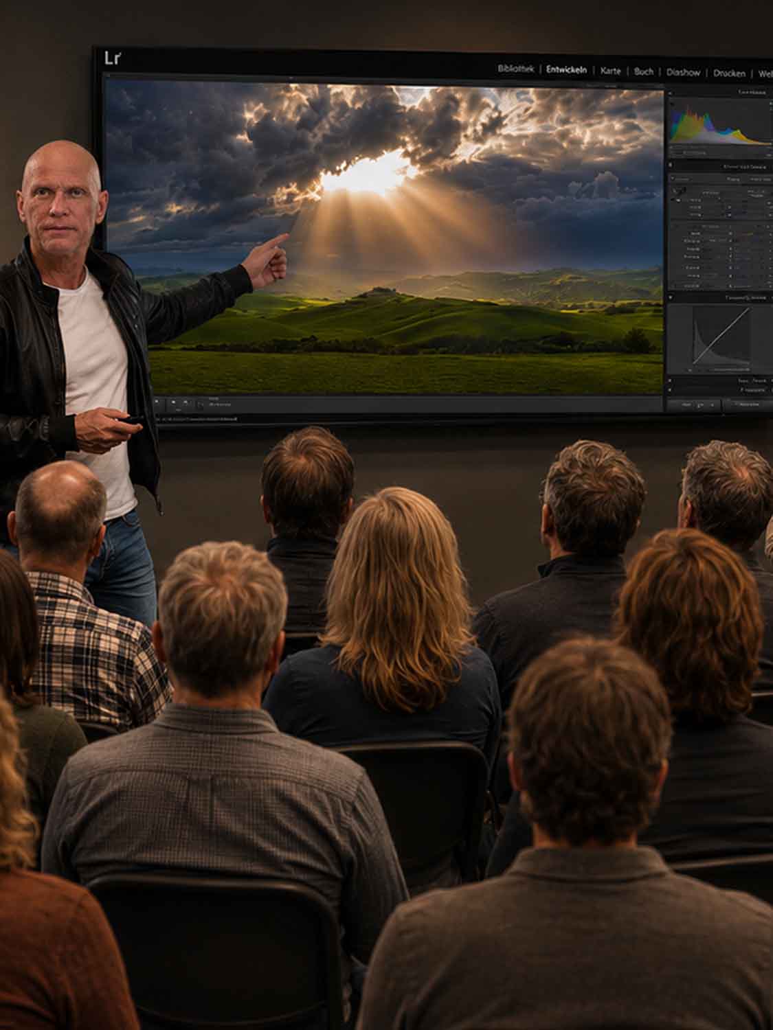 Ein Mann steht vor einem sitzenden Publikum und zeigt auf eine Leinwand, auf der Sonnenstrahlen über grünen Hügeln zu sehen sind - möglicherweise während eines Bildbearbeitungsseminars oder Foto-Workshops vor Ort.