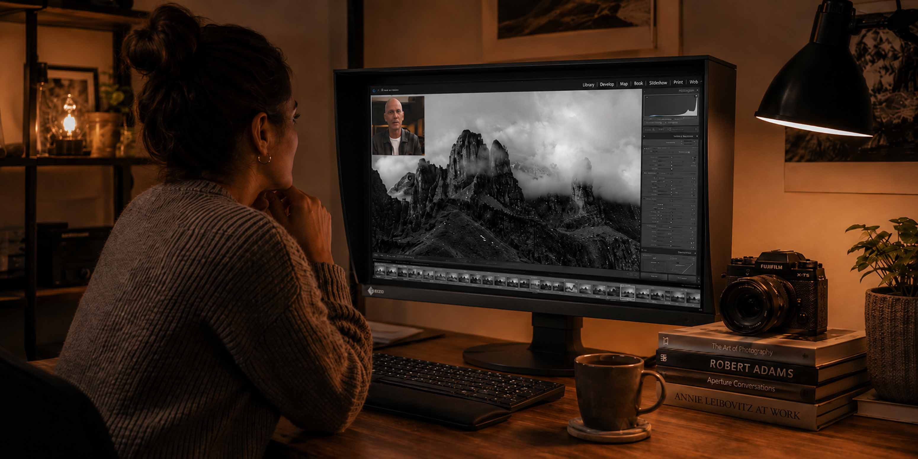 Eine Frau sitzt an einem Schreibtisch in einem schwach beleuchteten Raum und bearbeitet ein schwarz-weißes Bergfoto auf ihrem Computer - vielleicht übt sie Fähigkeiten aus einem Bildbearbeitung Online-Kurs. In der Nähe befinden sich eine Kamera, Bücher, eine Lampe, eine Tasse und eine kleine Pflanze.