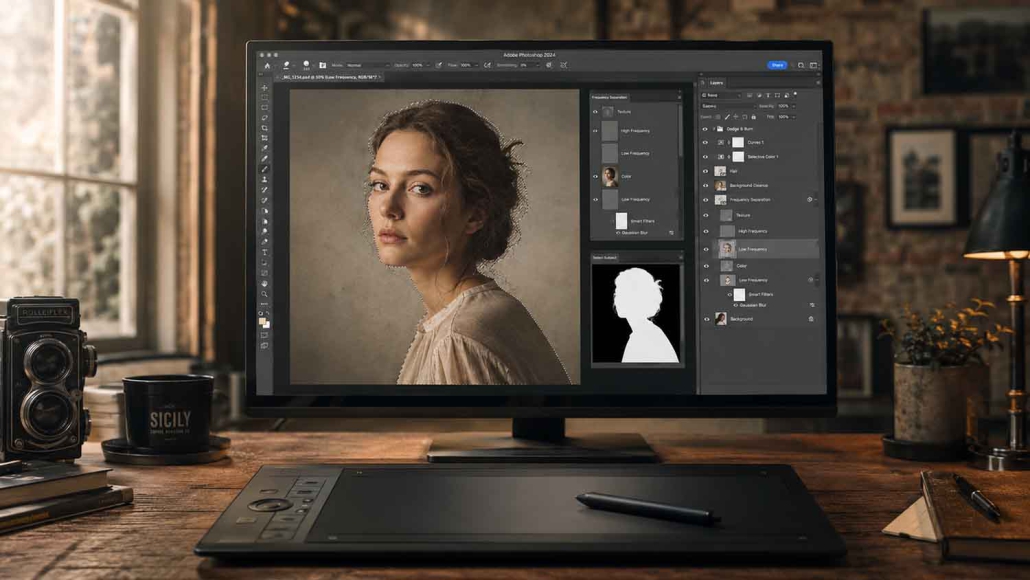Ein Desktop-Monitor zeigt eine digitale Porträtbearbeitungssoftware mit dem Foto einer Frau auf dem Bildschirm. Ein Grafiktablett, ein Stift und eine alte Kamera aus dem Workshop Archiv liegen auf einem rustikalen Holztisch in einem gemütlichen, warm beleuchteten Raum.
