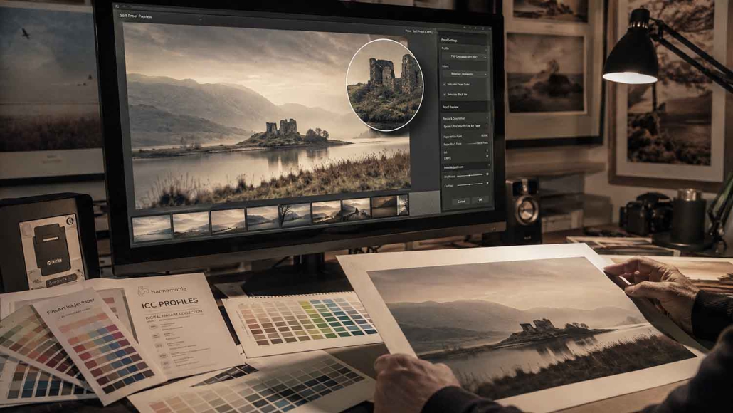 Eine Person begutachtet ein gedrucktes Landschaftsfoto einer Burgruine an einem See im Workshop Archiv und vergleicht es mit der digitalen Version, die auf einem Computermonitor inmitten von Farbkarten und Fotoausrüstung angezeigt wird.