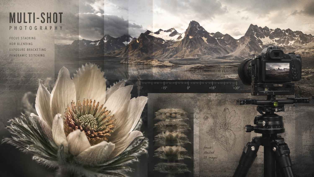 Ein zusammengesetztes Bild aus dem Workshop-Archiv zeigt eine Digitalkamera auf einem Stativ, die eine dramatische Berglandschaft aufnimmt, überlagert mit einer Nahaufnahme einer Blume, botanischen Skizzen und fotografischen Begriffen wie Focus Stacking und Panorama-Stitching.