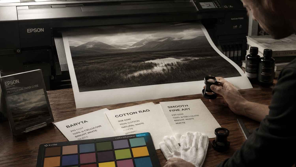 Eine Person begutachtet ein schwarz-weißes Landschaftsfoto, das mit einem Epson-Drucker im Workshop Archiv gedruckt wurde. Auf dem hölzernen Schreibtisch sind Papiermuster, Handschuhe, eine Lupe, Tintenflaschen und ein Farbprüfgerät verteilt.