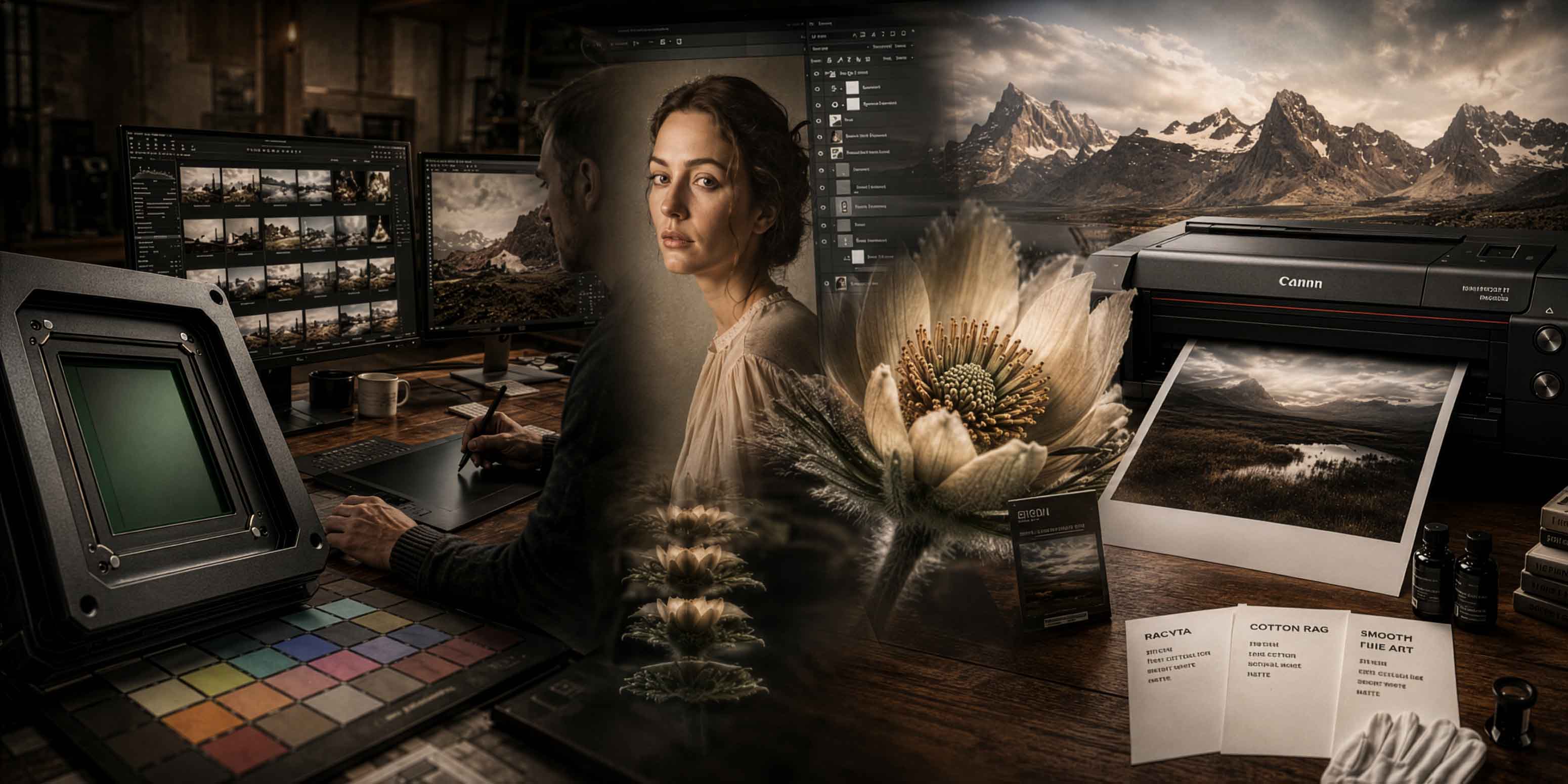 Ein Digitalkünstler arbeitet an einem Computer mit Farbkalibrierungswerkzeugen und bearbeitet die Porträt- und Landschaftsfotos einer Frau. In der Nähe produziert ein Drucker hochwertige Drucke - perfekte Beispiele für kommende Workshops - umgeben von Papiermustern und Kunstmaterialien.