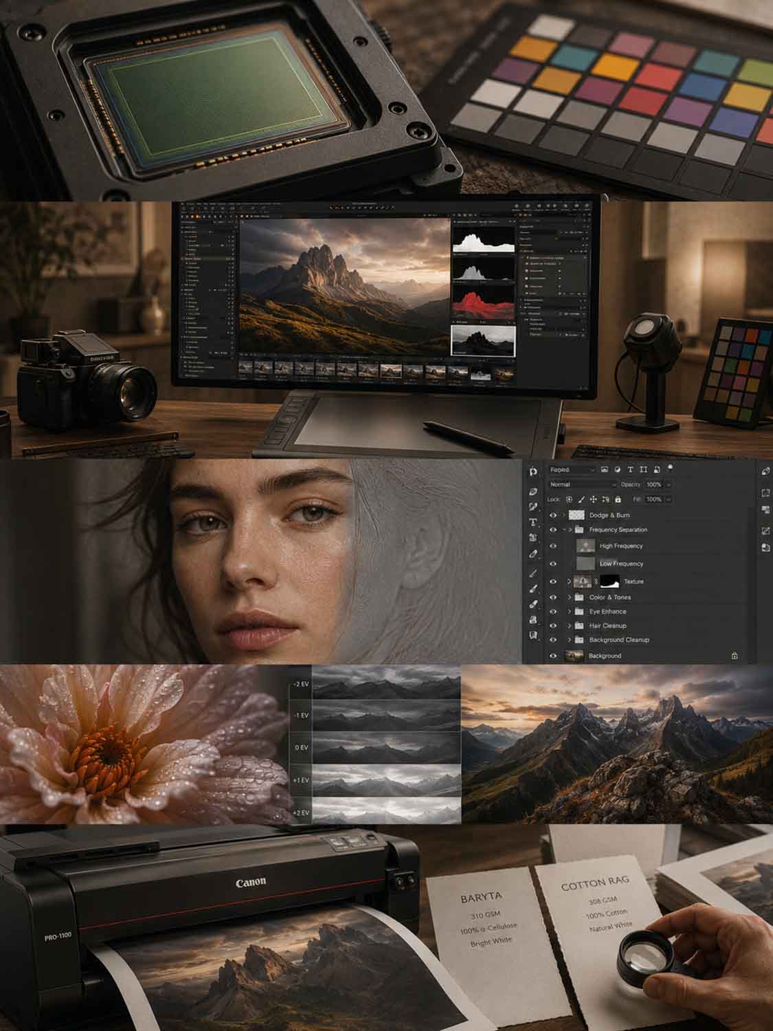 Eine Collage, die Workshops mit einem Kamerasensor, Farbkarten, eine Kamera, Fotobearbeitung am Computer, eine Nahaufnahme eines Frauengesichts in einer Bearbeitungssoftware, ein Blumenbild, Landschaftsfotos, einen Fotodrucker und eine Lupe zur Prüfung von Abzügen zeigt.