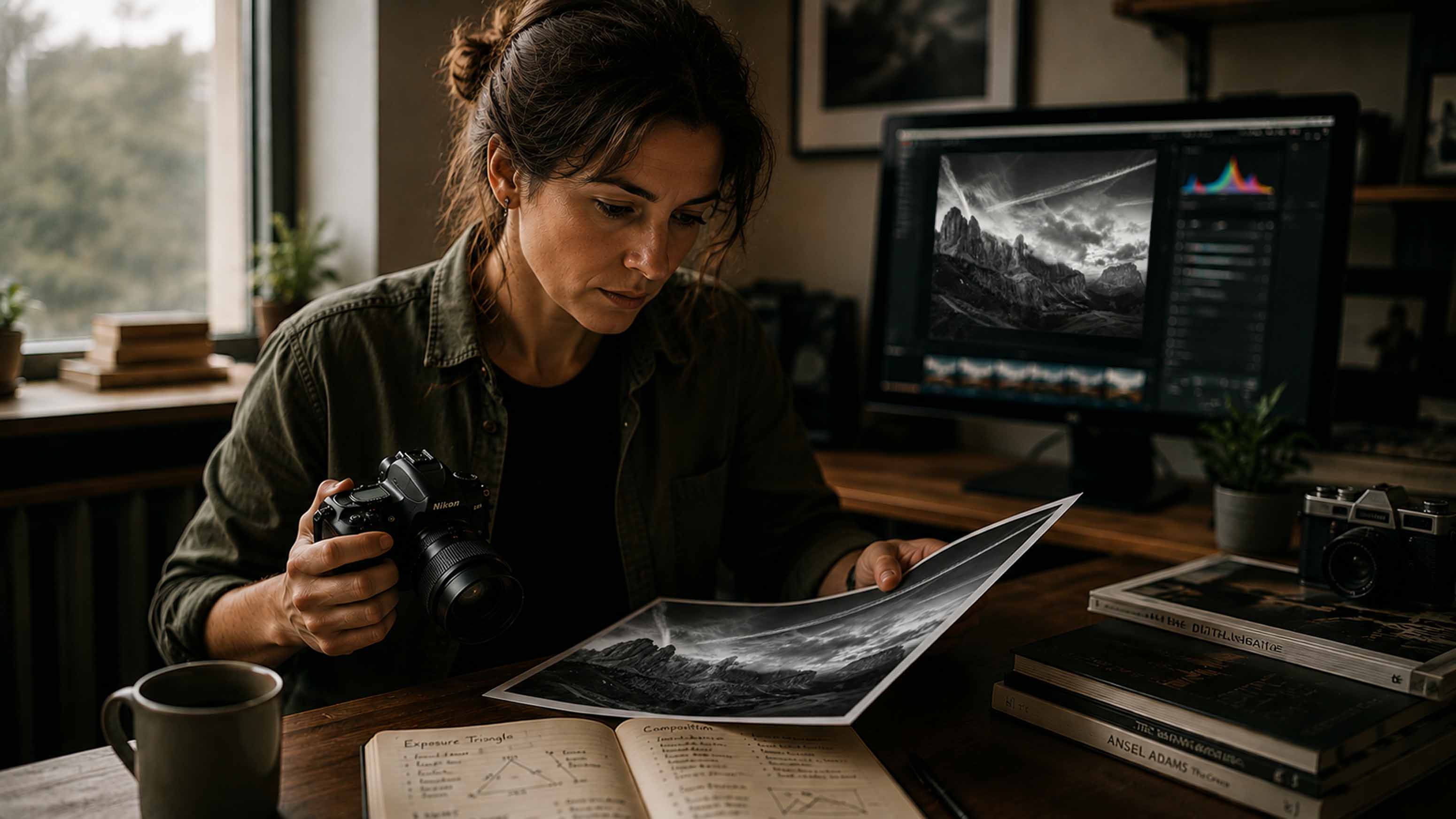 Eine Frau sitzt an einem Schreibtisch, hält eine Kamera in der Hand und betrachtet ein schwarz-weißes Landschaftsfoto. Vor ihr liegen ein aufgeschlagenes Notizbuch und eine Kaffeetasse, im Hintergrund ein Monitor mit der Software Bildbearbeitung für Einsteiger.