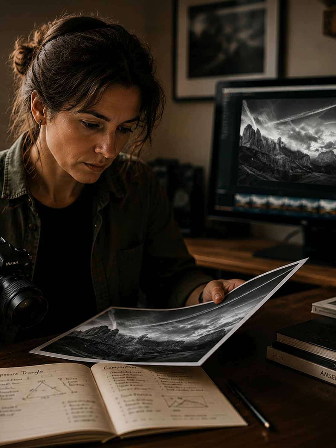 Eine Frau sitzt an einem Schreibtisch, hält ein schwarz-weißes Landschaftsfoto in der Hand und studiert es aufmerksam. Vor ihr liegt ein aufgeschlagenes Notizbuch mit Diagrammen und einem Stift, was darauf schließen lässt, dass sie Bildbearbeitung für Einsteiger lernt. Ähnliche Bilder füllen ihren Computerbildschirm.