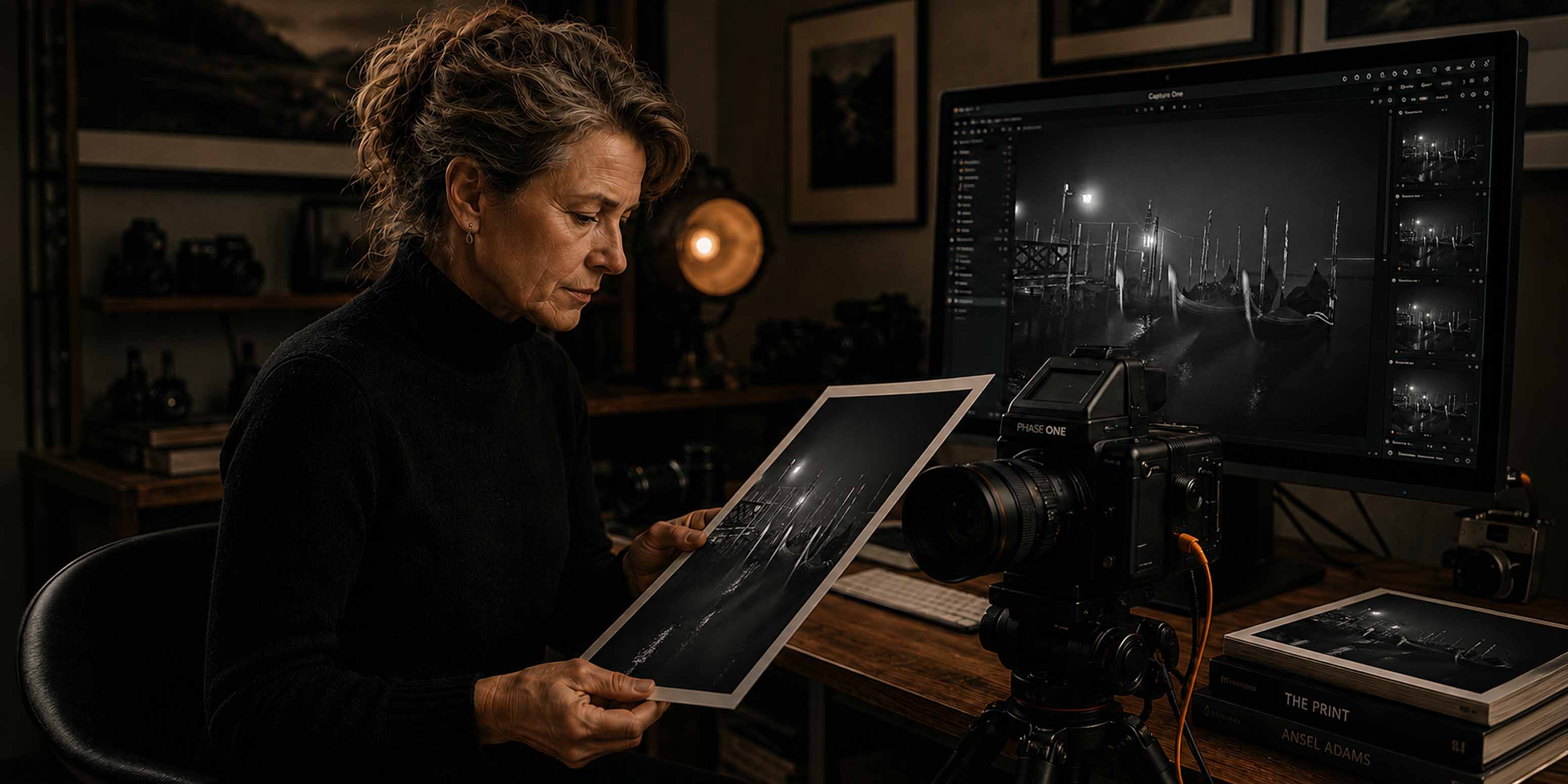 Eine Frau mit lockigem Haar betrachtet in einem schummrigen Studio ein Schwarz-Weiß-Foto, umgeben von Fotobüchern und einem Computerbildschirm mit ähnlichen Bildern – eine Illustration des Prozesses der professionellen Bildbearbeitung.